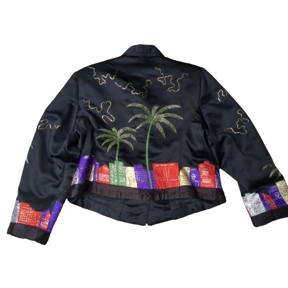 Vintage Tunique Women's Jacket Satin Embroidered Palm Trees Black Size XL - Picture 4 of 6